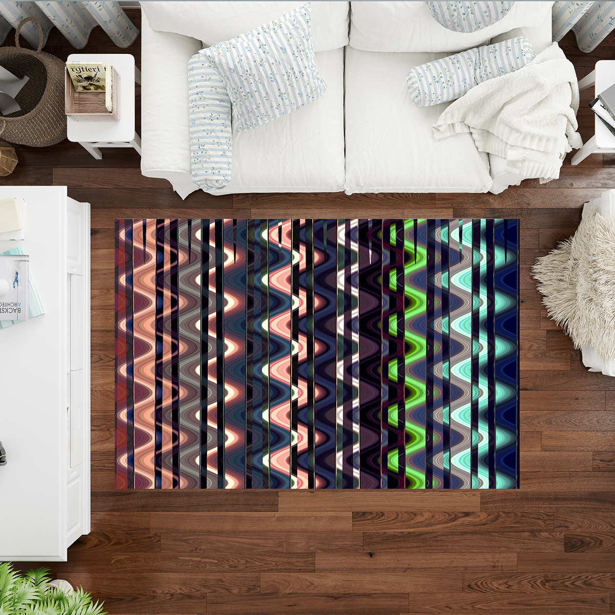 "Colorful rug with an abstract twist and turn pattern in bright hues, made from woven polyester chenille with a cotton/poly canvas backing. Available in four sizes and easy to clean."