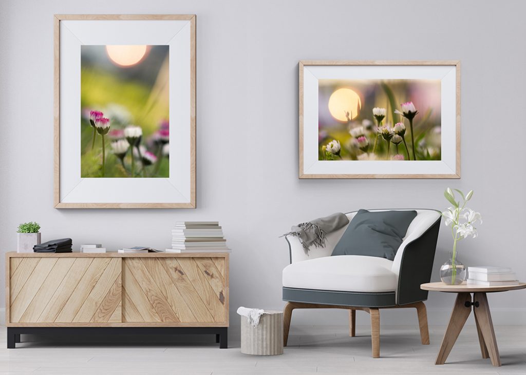 Living room mockup featuring modern armchair, side table with lilies, and framed daisy photographs.