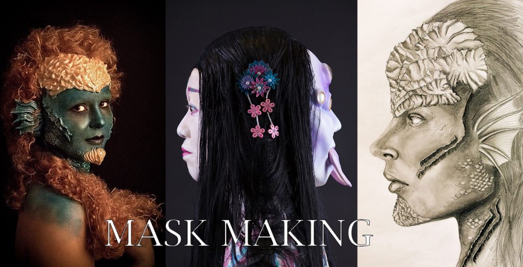 "Collage titled 'Mask Making' by Anett Alexandra Bulano, featuring special effects makeup creations."
