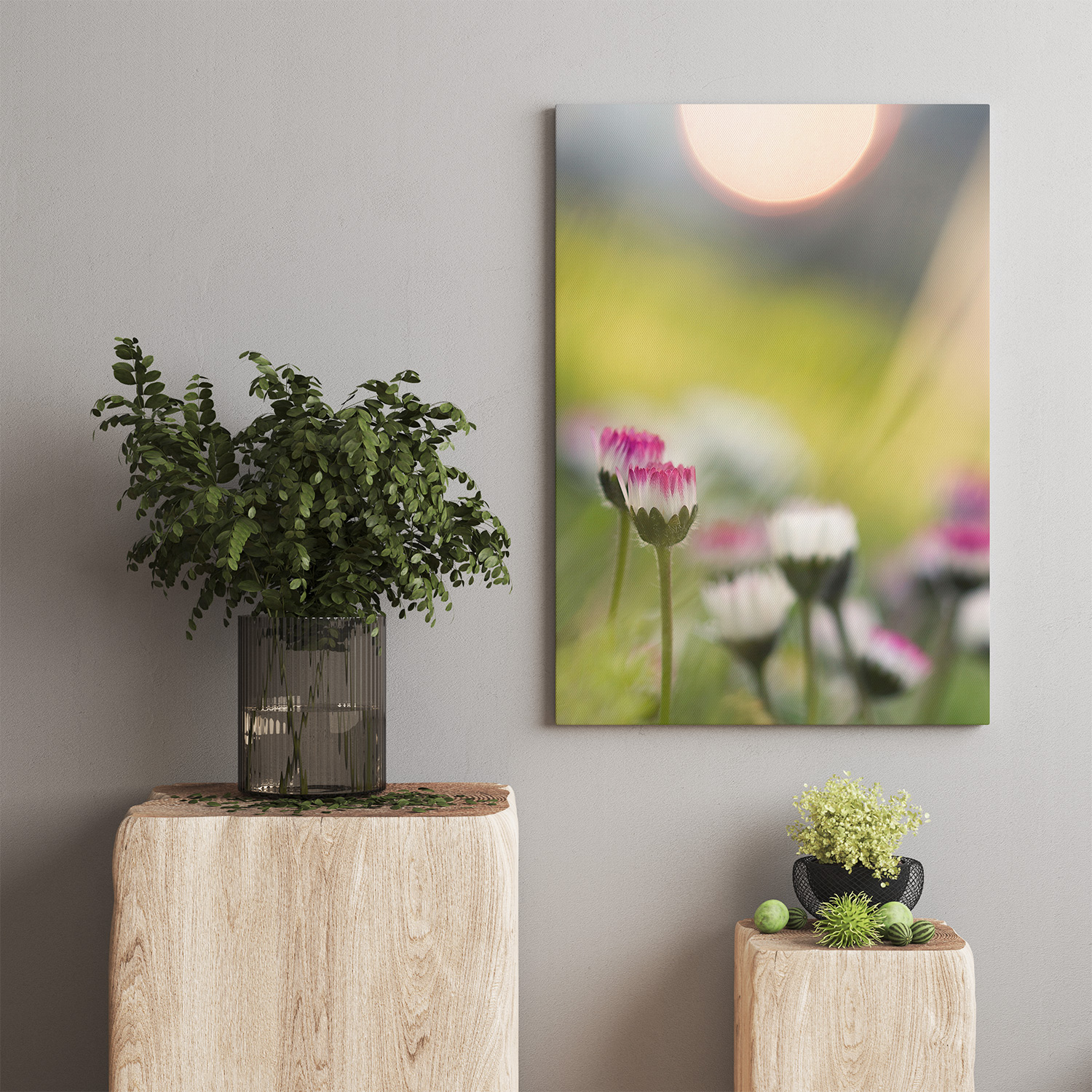 Living room mockup featuring wall art canvas with daisy flowers titled 'Whispered Sweetness.' Two wooden stands with ornamental green plants flank the canvas.