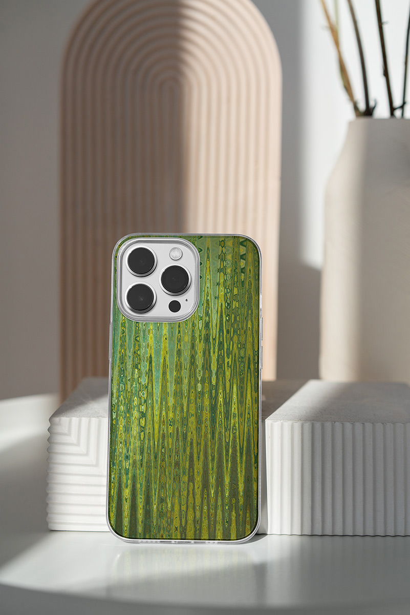Wood green tones abstract art pattern iPhone slim case, impact-resistant, sleek design, flexible plastic hard case.