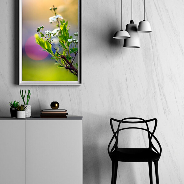 Create a serene focal point in any room with 'Noonday Departure.' This captivating artwork, displayed in a chic white frame, adds a touch of elegance to your space, whether it's a living room, hallway, or even a stylish kitchen corner. Mockup of 'Noonday Departure' in a white frame on a wall above a white sideboard with a white chair and hanging lamp.
