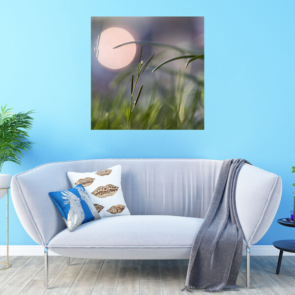 Elevate your living space with the serene charm of 'Twilight Breeze.' This canvas frame brings a touch of nature into your home, perfectly complementing the inviting atmosphere of your light blue living room and cozy grey couch. Canvas frame with 'Twilight Breeze' image in light blue living room with grey couch.